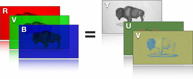 Par une simple conversion on passe en Y(Luminance), U et V (Chrominances)