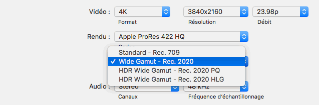 Dans Final Cut Pro X 10.3, choix des normes de travail : Rec. 709, Rec. 2020, Rec. 2100